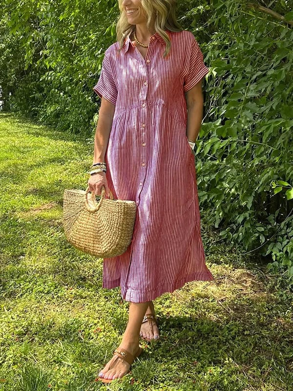 Dahlia | Damen Gestreiftes Midi Kleid mit Knopfleiste vorne
