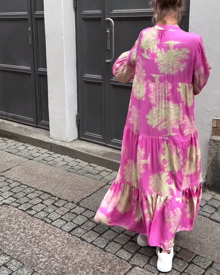 Maxi-jurk met print, volantmouwen & staande kraag – Stijlvol & Luchtig