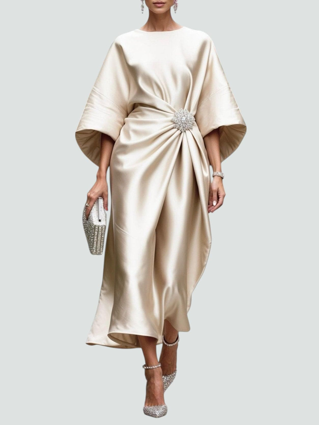 Mila | Damen Drapiertes Fledermausärmel Midi-Kleid