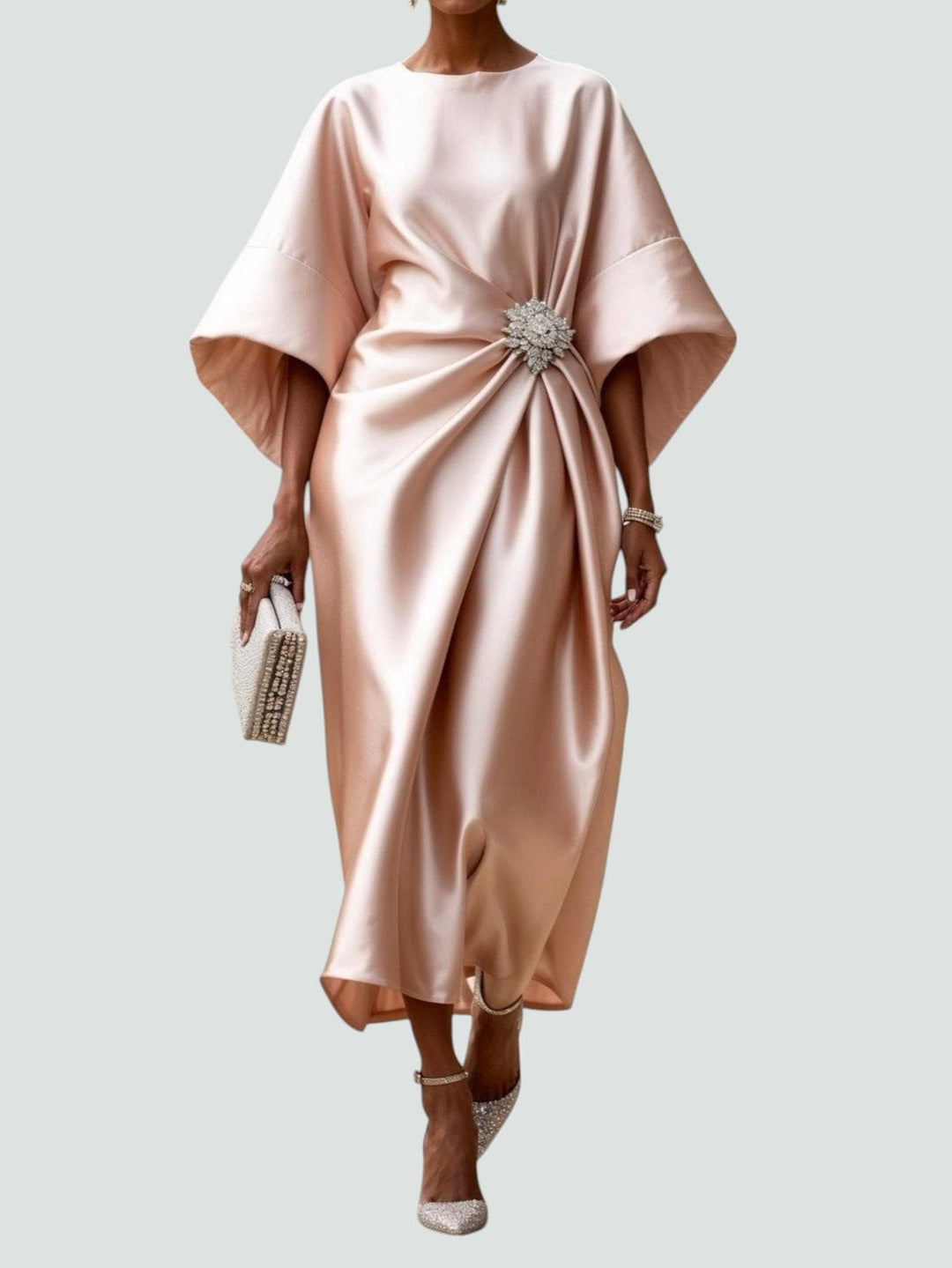 Mila | Damen Drapiertes Fledermausärmel Midi-Kleid