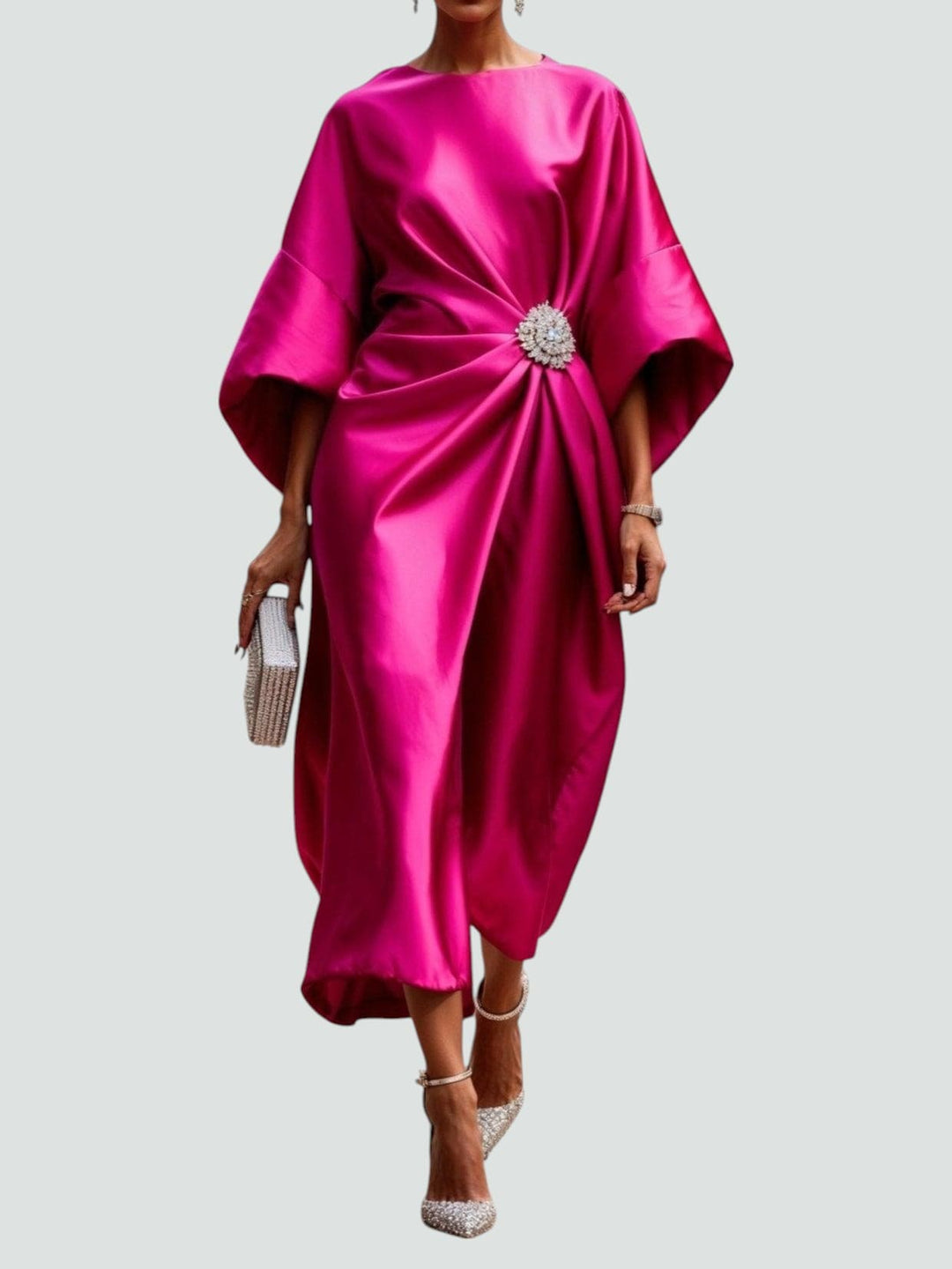 Mila | Damen Drapiertes Fledermausärmel Midi-Kleid