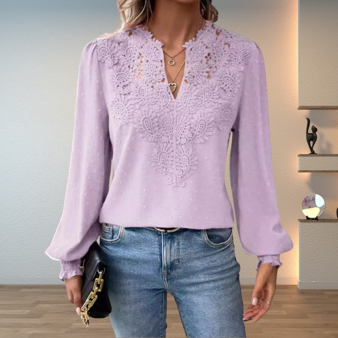 Lillian | Damen V-Ausschnitt Langarm Blusenoberteil mit Blumen-Details