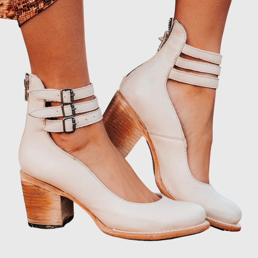 Bonnie | Damen Schnallenverschluss Knöchelriemen Stiefeletten mit Blockabsatz