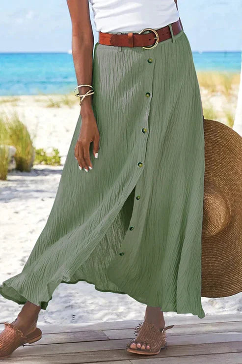 Olivia | Dames Hoge Taille Knoopsluiting Linnen-Look Maxi Rok