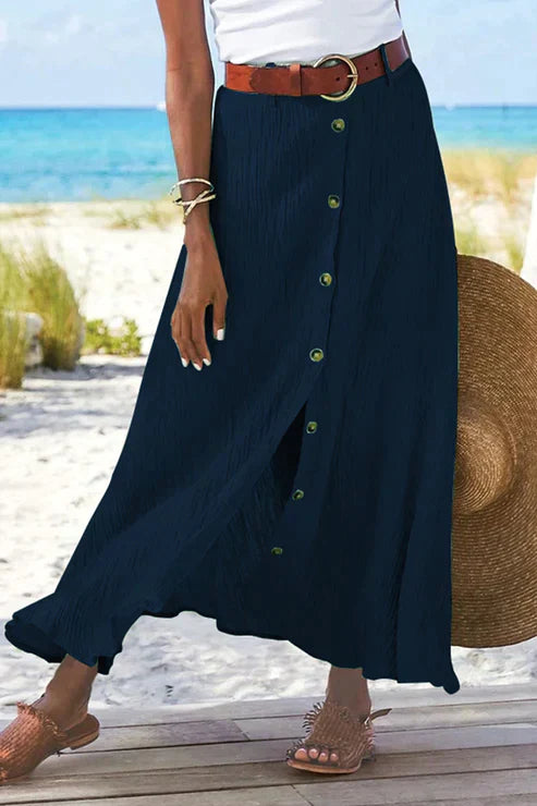Olivia | Dames Hoge Taille Knoopsluiting Linnen-Look Maxi Rok