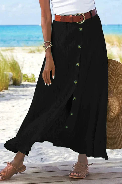 Olivia | Dames Hoge Taille Knoopsluiting Linnen-Look Maxi Rok