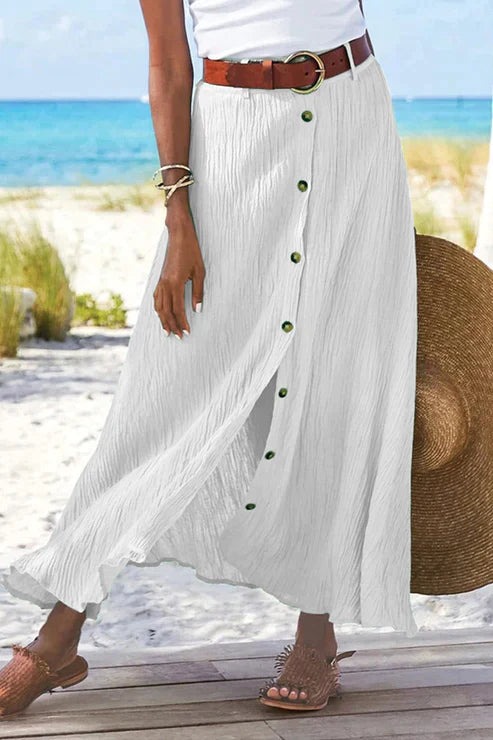 Olivia | Dames Hoge Taille Knoopsluiting Linnen-Look Maxi Rok