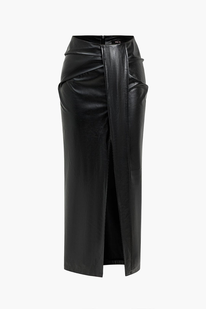 Dorle | Elegante kunstlederen midi-rok met wikkeloptiek en hoge split