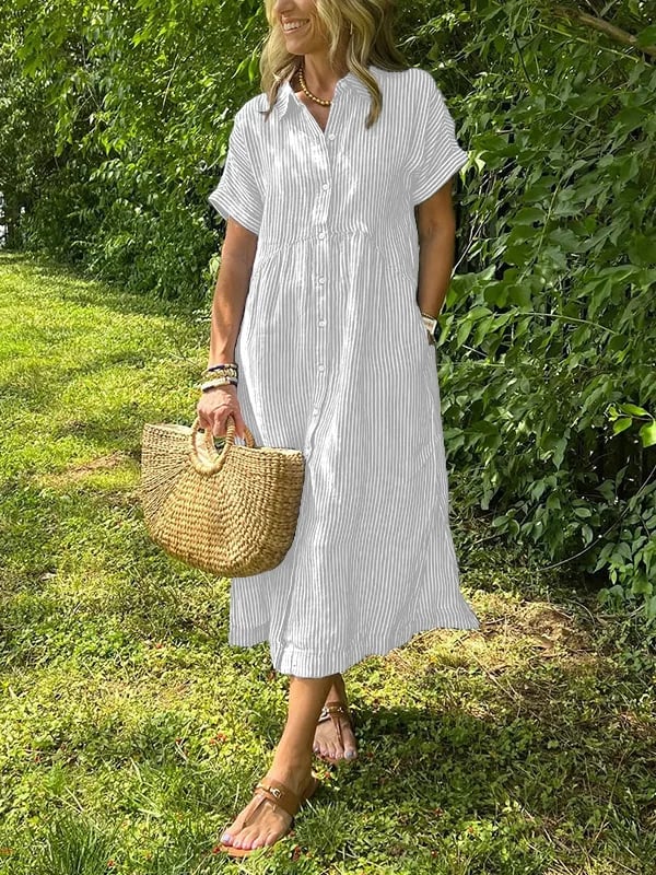 Dahlia | Damen Gestreiftes Midi Kleid mit Knopfleiste vorne