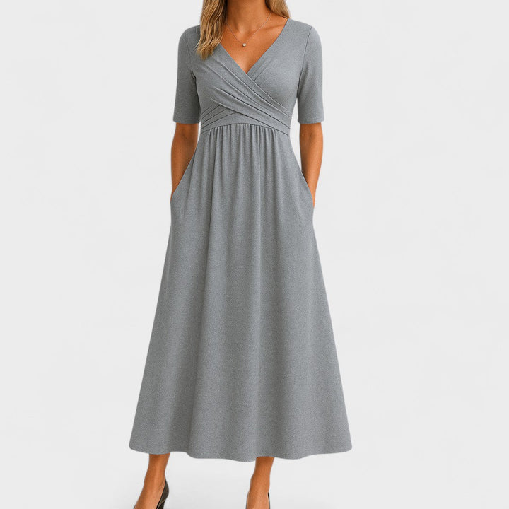 Jane | Damen V-Ausschnitt Maxikleid mit kurzen Ärmeln