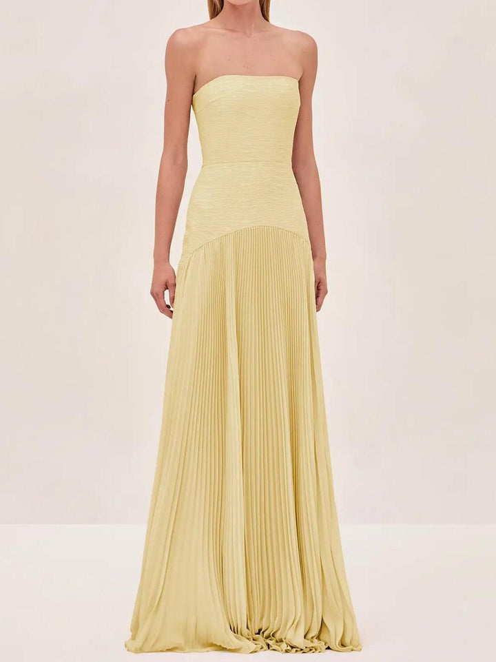 Bella | Dames Straploze Geplooide Maxi Bruiloftsgast Jurk