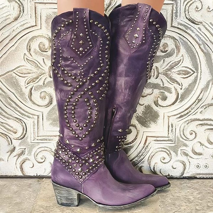 Kendra | Dames Kniehoge Studded Blokhak Laarzen