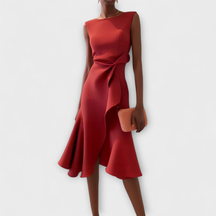 Sophia | Damen Elegantes ärmelloses Rüschen Midi Kleid