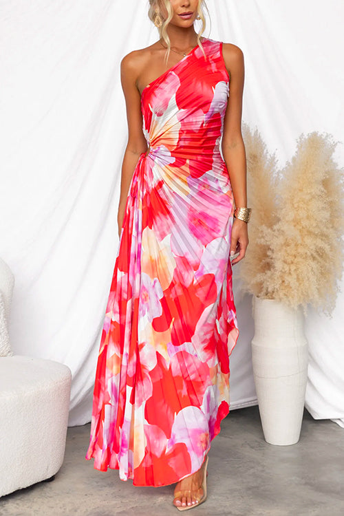 Plissee One-Shoulder Kleid mit Blumenmuster – Elegant & Feminin