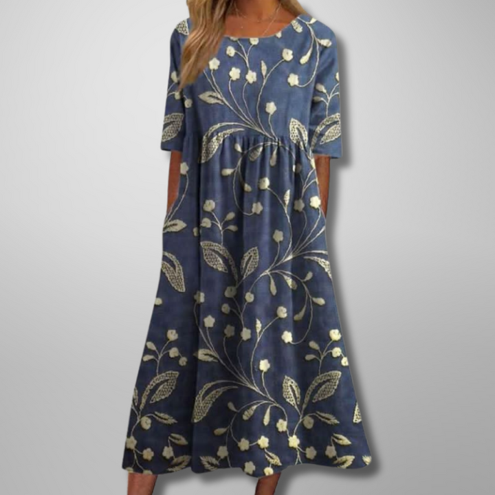 Kendra | Damen Blumenprint Midi Kleid mit Rundhalsausschnitt