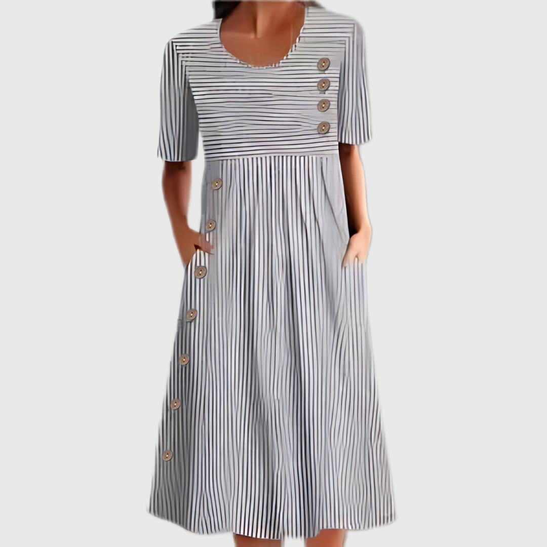 Layla | Dames Gestreepte Knoopdetail Midi Jurk