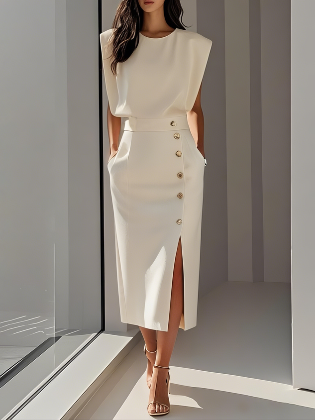 Emma | Damen Ärmelloses Midikleid mit Knopfdetail
