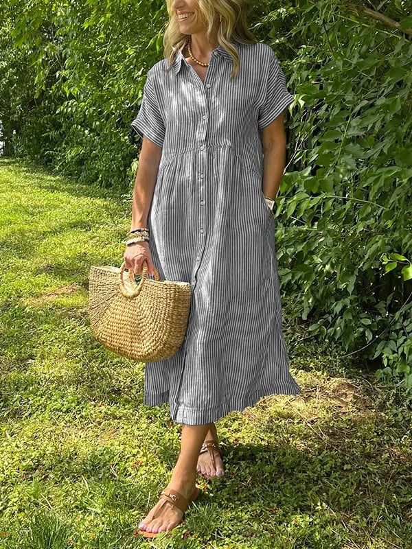 Dahlia | Damen Gestreiftes Midi Kleid mit Knopfleiste vorne