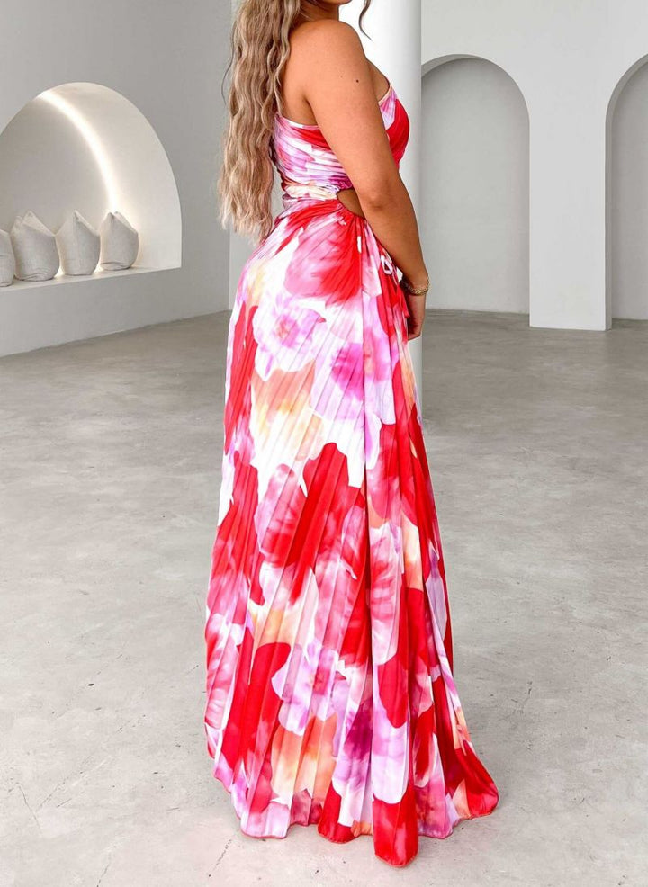 Plissé One-Shoulder Jurk met Bloemenpatroon – Elegant & Vrouwelijk