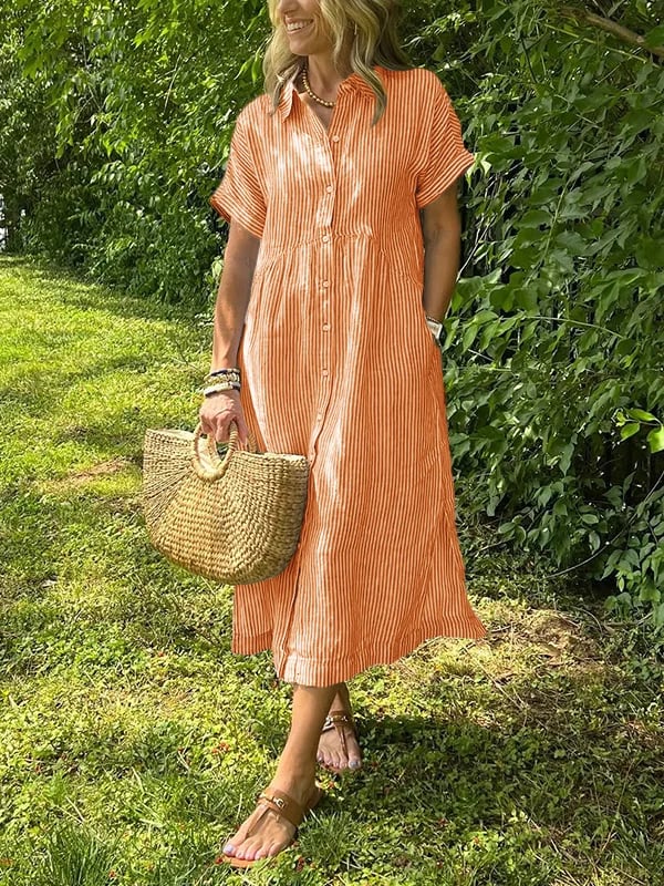 Dahlia | Damen Gestreiftes Midi Kleid mit Knopfleiste vorne