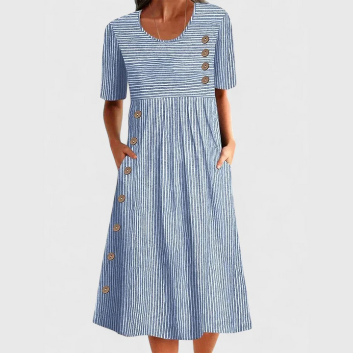 Layla | Dames Gestreepte Knoopdetail Midi Jurk