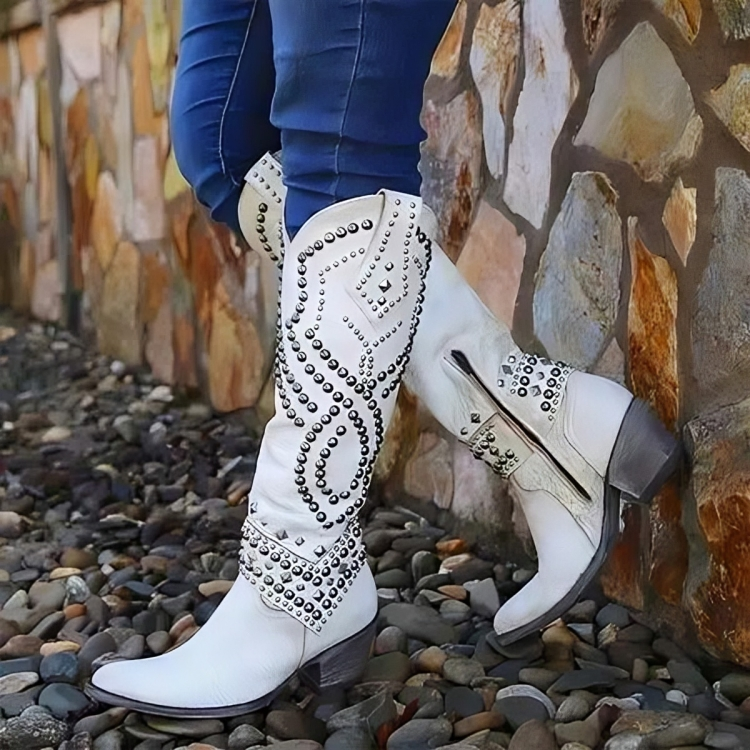 Kendra | Dames Kniehoge Studded Blokhak Laarzen
