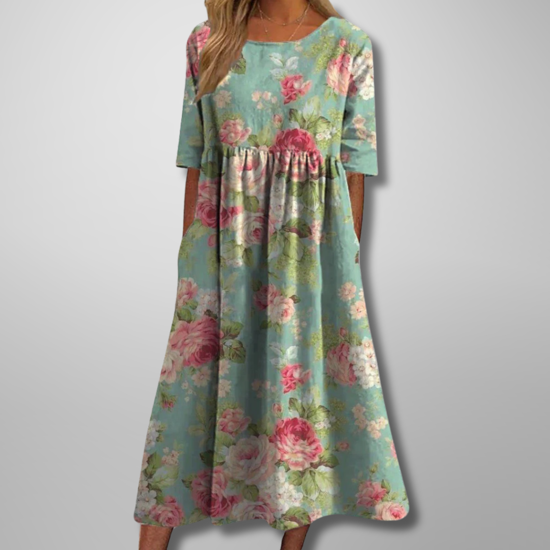 Kendra | Damen Blumenprint Midi Kleid mit Rundhalsausschnitt