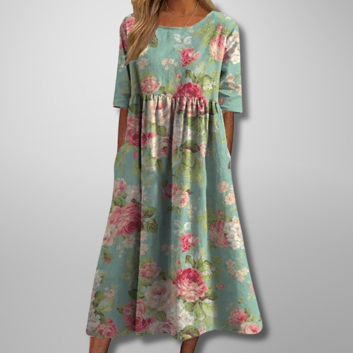 Kendra | Damen Blumenprint Midi Kleid mit Rundhalsausschnitt