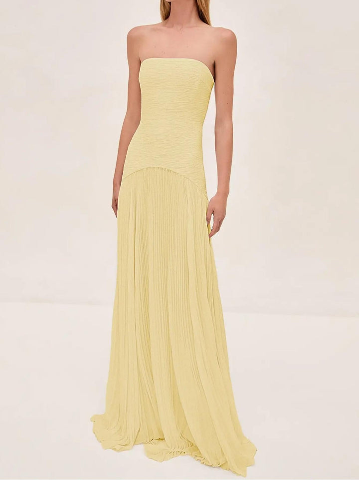 Bella | Dames Straploze Geplooide Maxi Bruiloftsgast Jurk