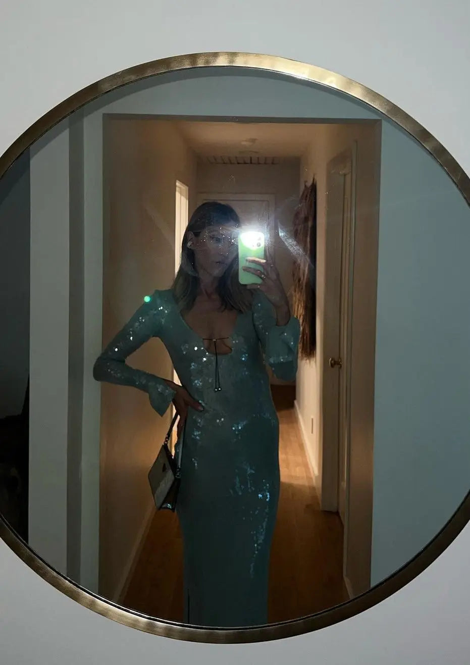 Maya | Spitze Front Lange Mouwen Mintgroene Glitters Jurk Dames