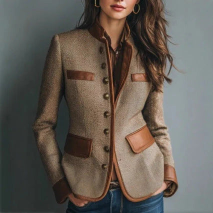Sanne | Damen Taillierter Tweed-Blazer mit Kunstlederpaspel und Knopfverschluss