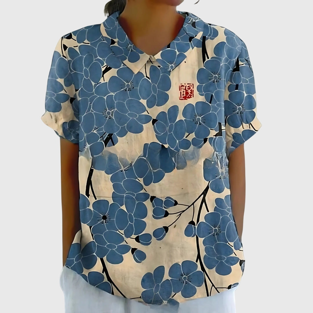 Ella | Damen Blumen Kragen Kurzarm Bluse