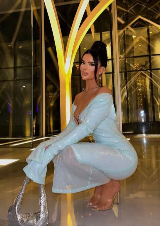 Maya | Spitze Front Lange Mouwen Mintgroene Glitters Jurk Dames
