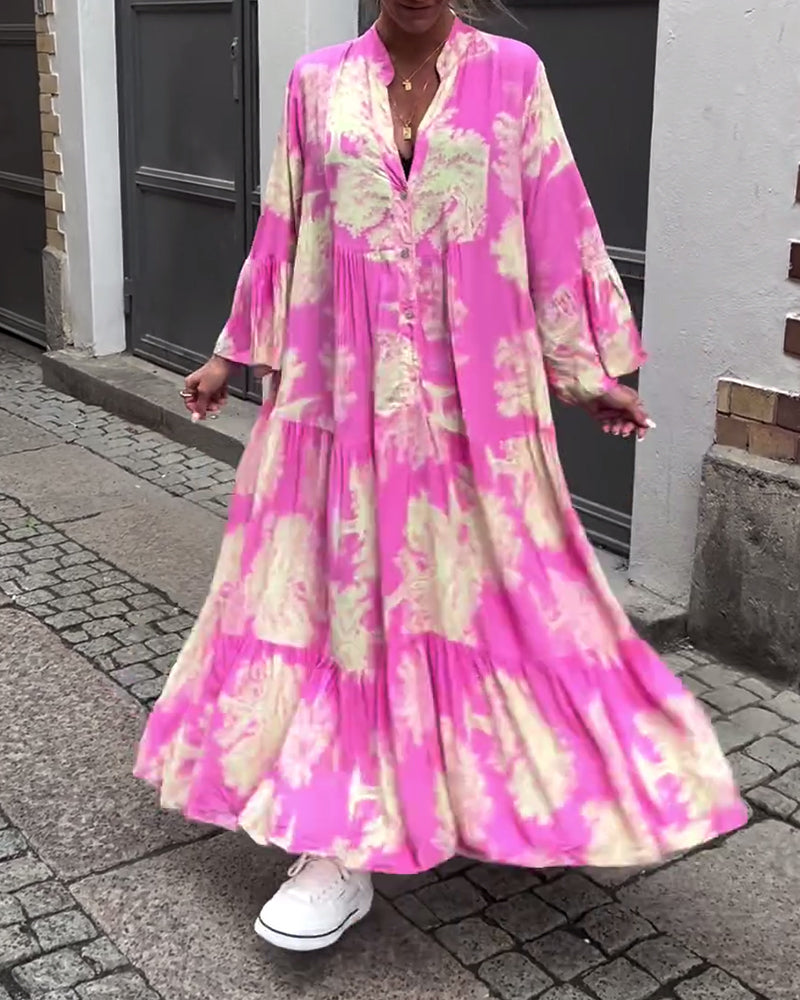 Maxi-jurk met print, volantmouwen & staande kraag – Stijlvol & Luchtig