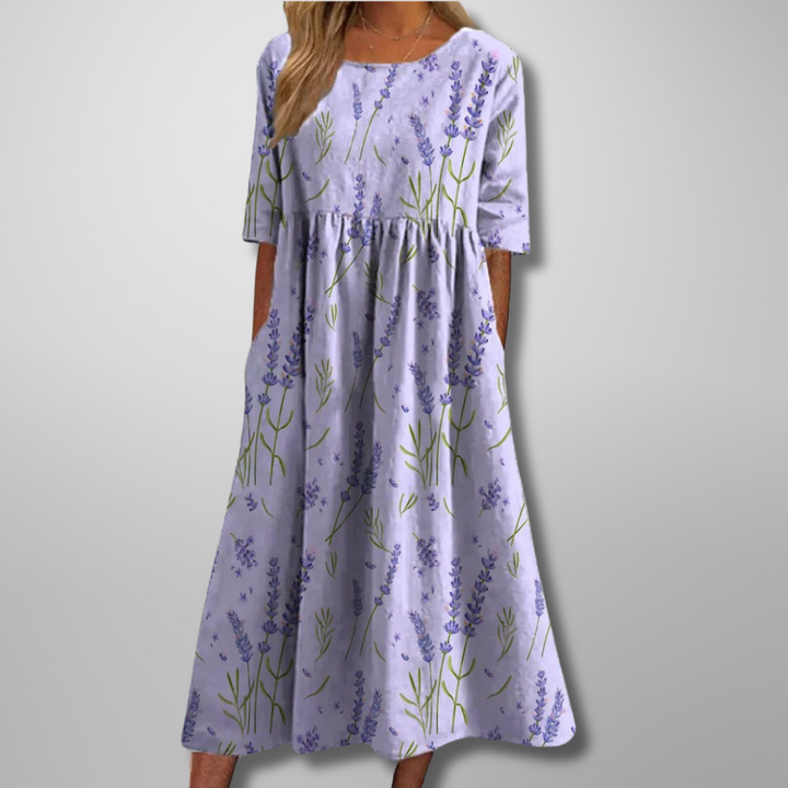 Kendra | Damen Blumenprint Midi Kleid mit Rundhalsausschnitt