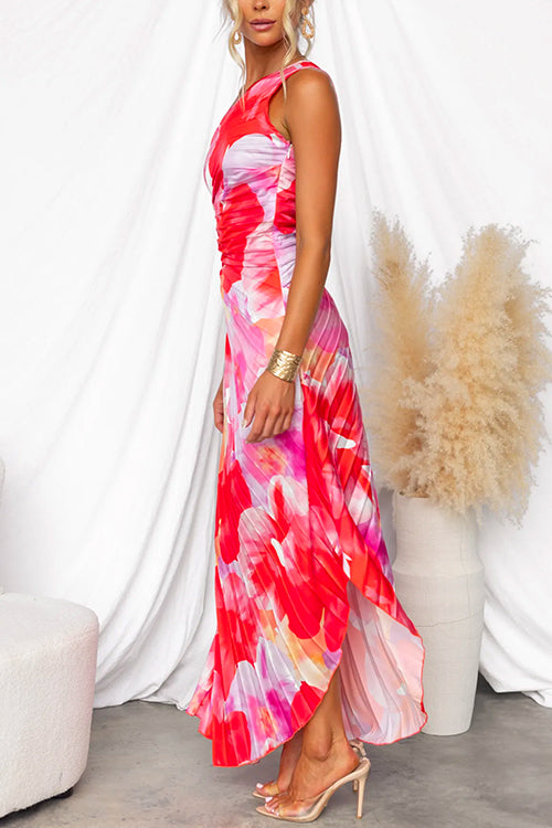 Plissé One-Shoulder Jurk met Bloemenpatroon – Elegant & Vrouwelijk