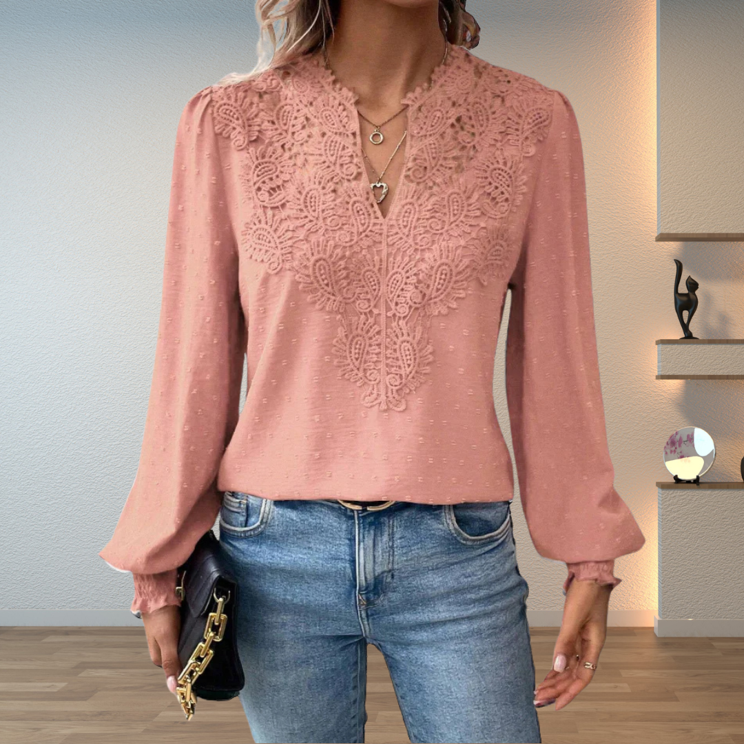 Lillian | Damen V-Ausschnitt Langarm Blusenoberteil mit Blumen-Details