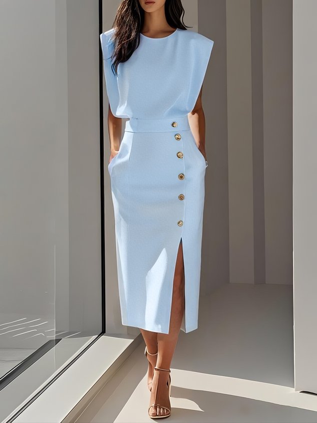 Emma | Damen Ärmelloses Midikleid mit Knopfdetail