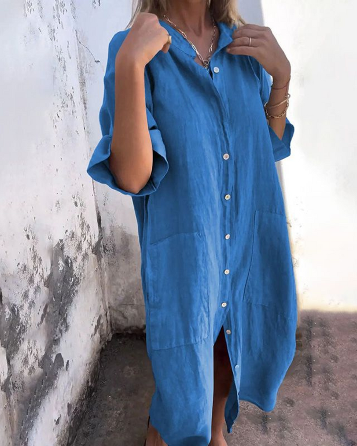 Beth | Damen Midi Kleid mit langen Ärmeln und Knopfleiste vorne