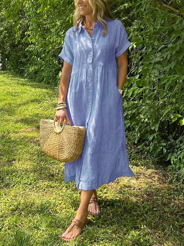Dahlia | Damen Gestreiftes Midi Kleid mit Knopfleiste vorne