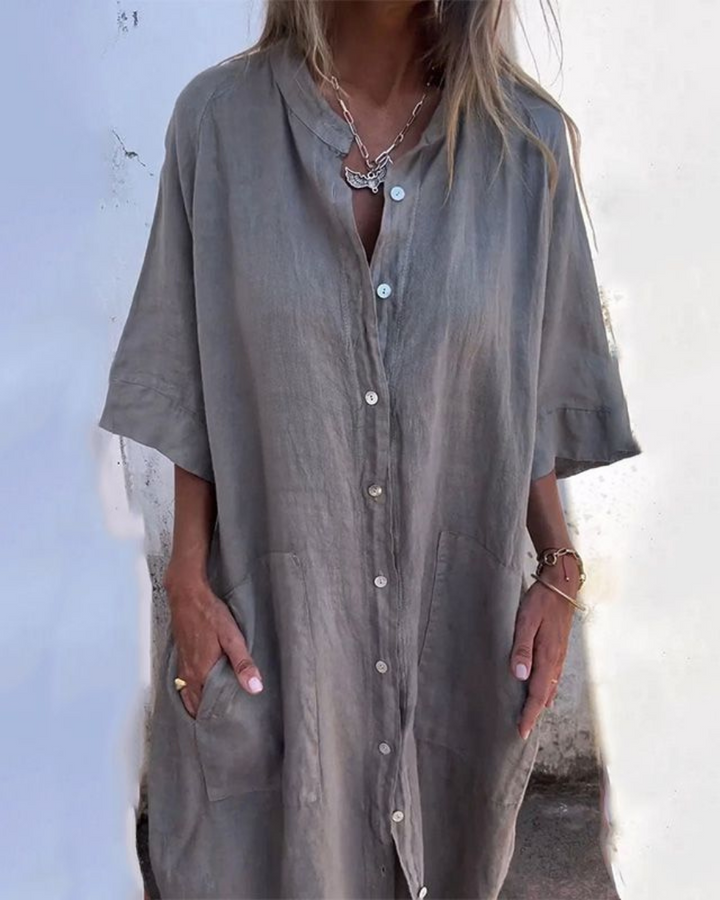 Beth | Damen Midi Kleid mit langen Ärmeln und Knopfleiste vorne