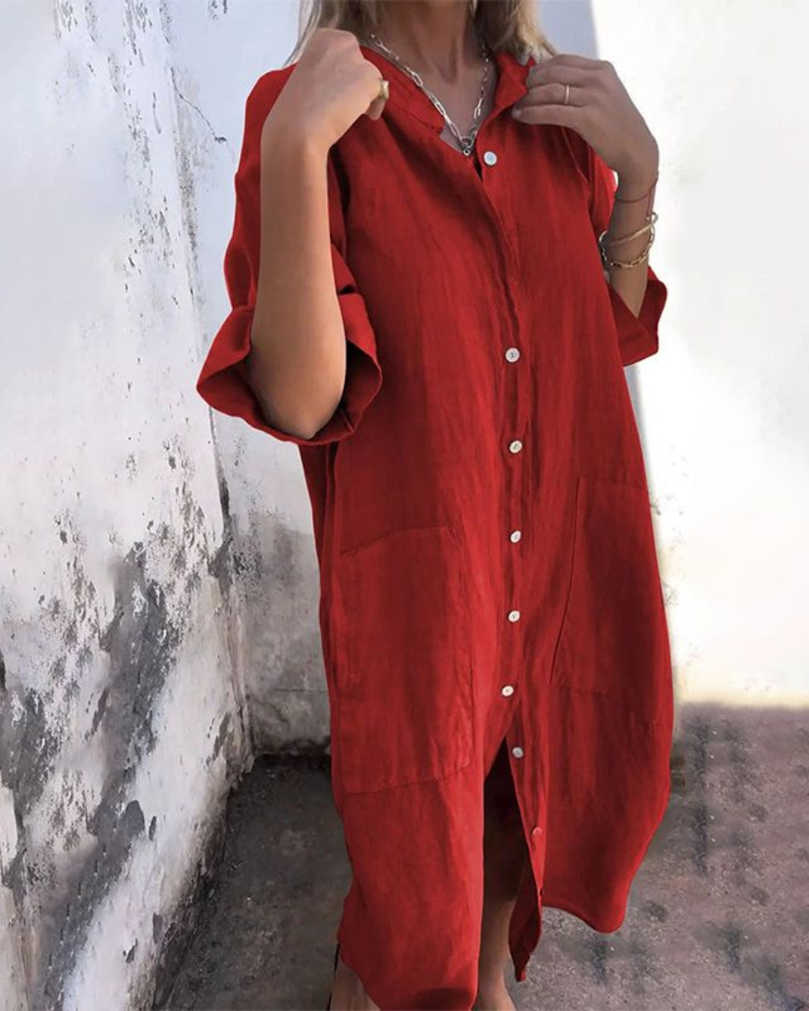 Beth | Damen Midi Kleid mit langen Ärmeln und Knopfleiste vorne