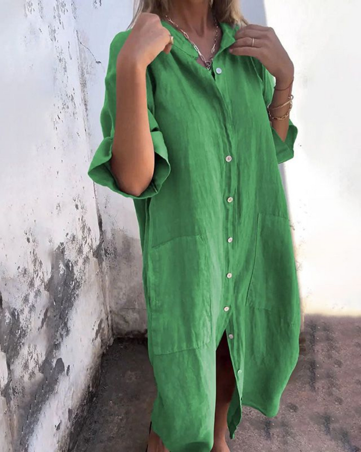 Beth | Damen Midi Kleid mit langen Ärmeln und Knopfleiste vorne