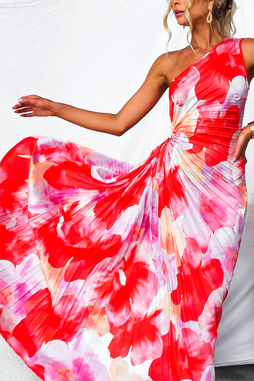 Plissee One-Shoulder Kleid mit Blumenmuster – Elegant & Feminin