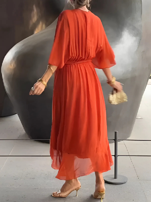 Lainey | Damen Schleife Taille Flatterärmel Midikleid
