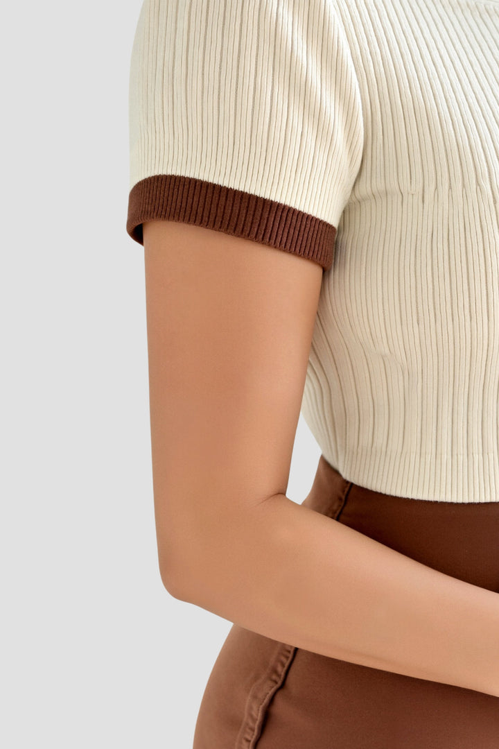 Lässiges Polo Farbblock geripptes Kragen-Stricktop