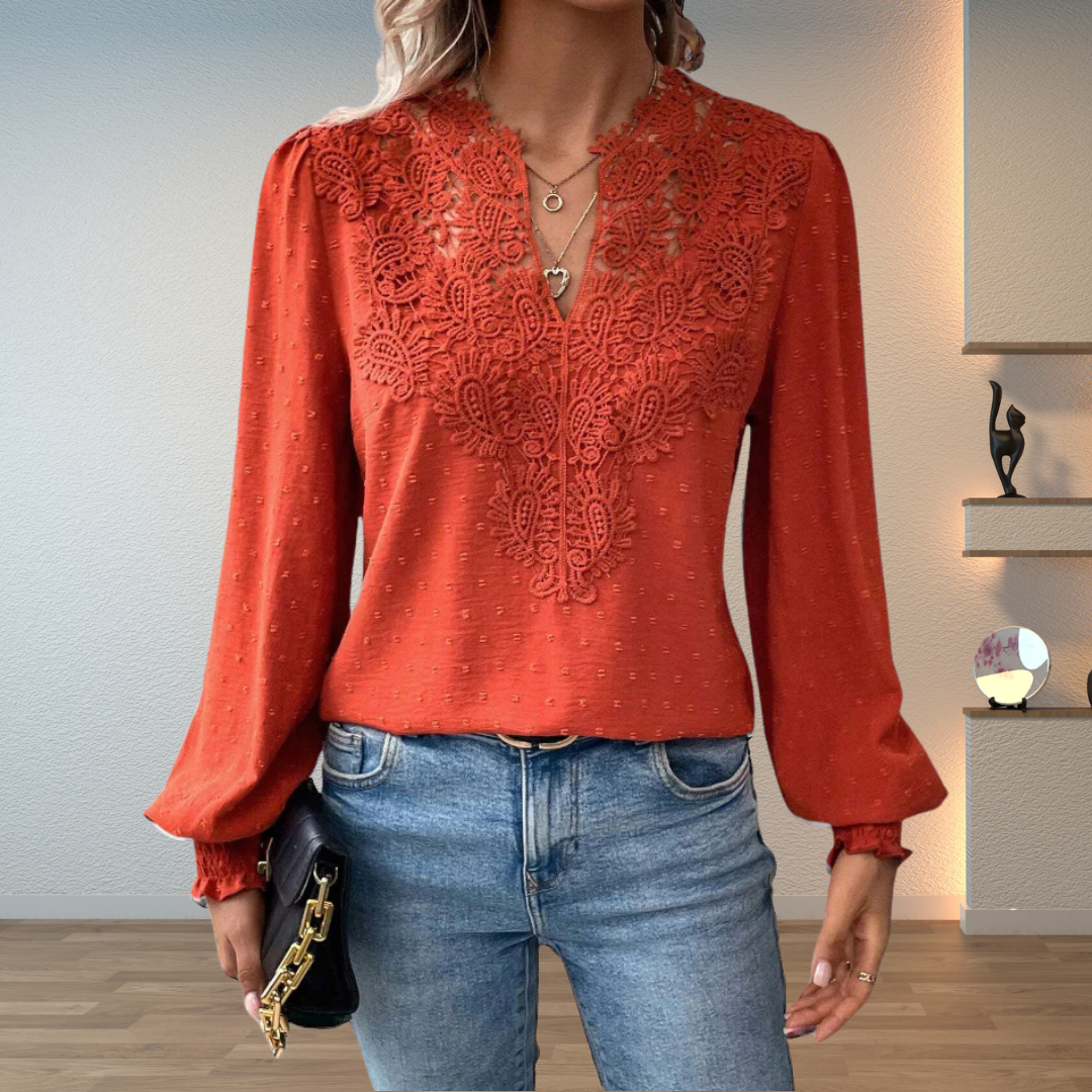 Lillian | Damen V-Ausschnitt Langarm Blusenoberteil mit Blumen-Details