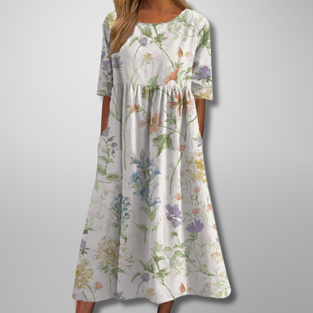 Kendra | Damen Blumenprint Midi Kleid mit Rundhalsausschnitt