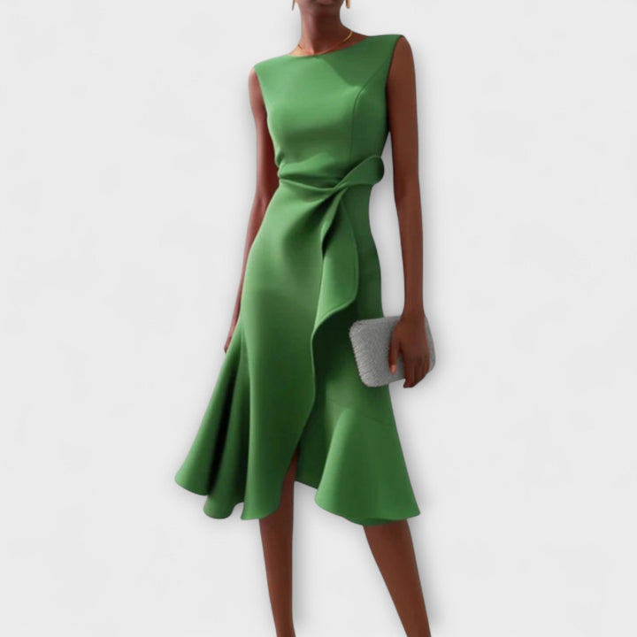 Sophia | Damen Elegantes ärmelloses Rüschen Midi Kleid