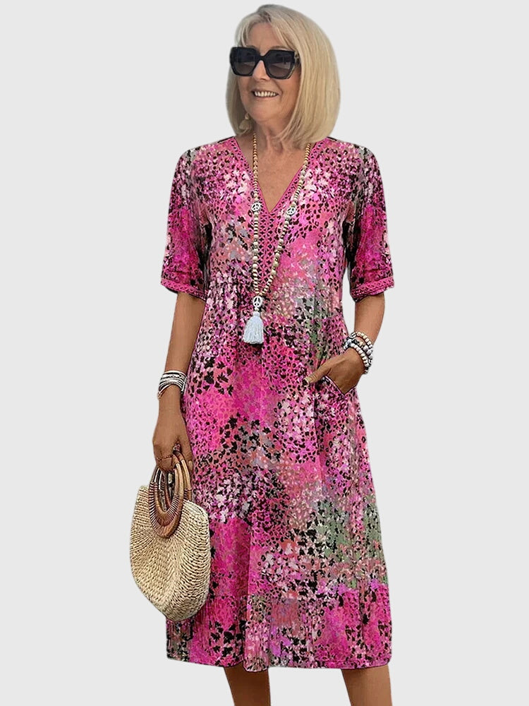 Melanie | Damen Bedrucktes V-Ausschnitt Midi-Kleid